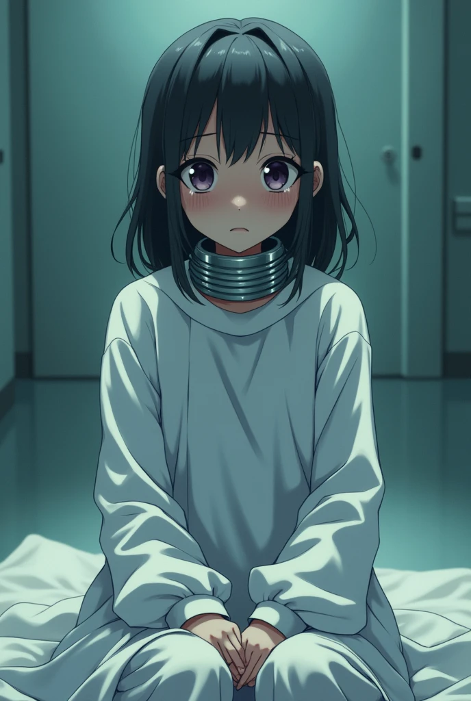 anime kid girl mid hair wearing a long white hospital gown and a metallic collar like and experimental subject her head down without eyes with fear in her eyes with tears flowing down her cheeks remove her eyes only the  nose eyebrows and lips is on her face

