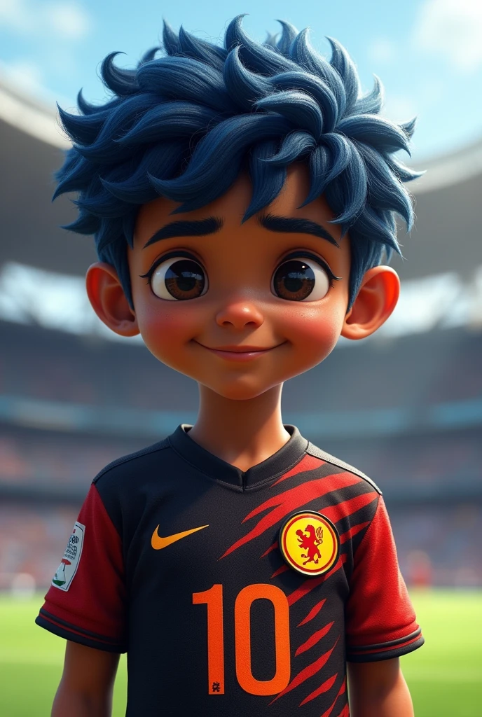 Create Marvel Character, boy 6 , short blue curly hair, dark shaped eyes, skin black, wearing the black and red flamengo uniform, shirt 10 , soccer field background