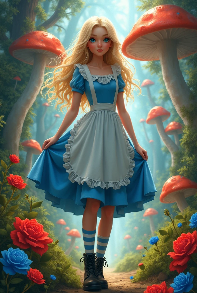 A movie poster, com uma de cabelos loiros e olhos blue, wearing a blue dress and a white apron, striped socks and black boots, in a forest with giant mushrooms and red flowers, blue, roses and etc..