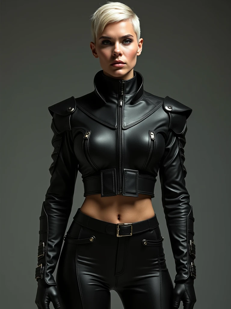 Woman with very short hair (milf with immaculate, bleached hair) with military armor, resolution: (80 mm, resolution mega ultra alta, feminine, The circumference of the lower limbs far exceeds 80 inches of the hips, Vogue haute couture, small and tiny waist, abdominal girdle, daring tights, figura feminine, resolution más alta, Photo, Photografía, Photografía, Photografía realista, realistic body portrait