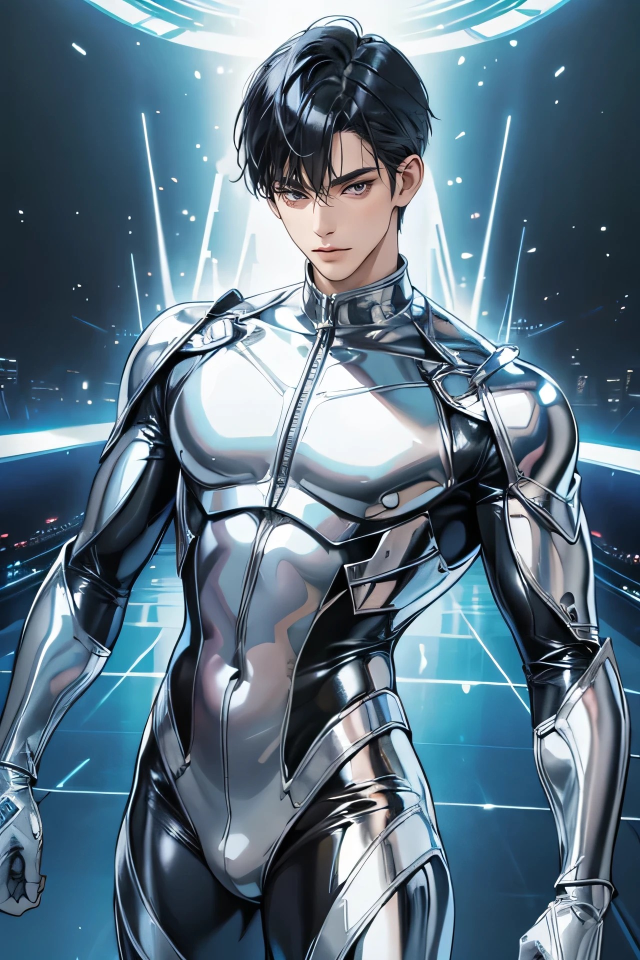 Handsome Japanese male models　　22 years old　smile　　　Black Hair　　Short cut　Short bangs　looking at the camera　　　　　Shiny whole body silver suit　　　Shiny silver latex suit　Mega Bulge　　looking at the camera　Future World Dynamic Pose　　taunt　whole body