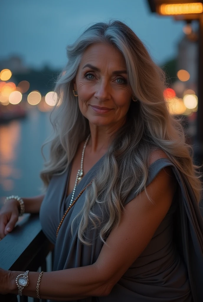 mature woman in, 60 years old, Alone, Long hair, Looking at the viewer, GrayBlonde hair, Brown eyes, Jewelry, Full body, Colossal breasts, (wearing grey saree outfit ), Distant photo, Realistic, A sexy one, beautiful colour, in balcony and River views, Lots of peoples and lights night Views, Perfect skin, 3 bust size, instagram (Realistic, A high resolution),photo size 3:4, 1 cute sexy mature woman, (long hair), large expressive blue eyes, happy, (8K, raw photo, Best quality, High detail, curvaceous forms, curvy body,