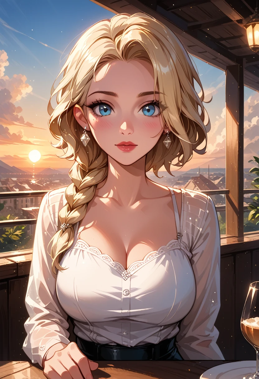 score_9, score_8_up, score_7_up, score_6_up, cinematic film still, 1girl, mature elsa (blonde hair, braid:1.1), tight_black_leather_pants, white_blouse, in a beautiful restaurant, on the balcony, (cinematic lighting:1.2),, (sunset:1.2), shallow depth of field, vignette, highly detailed, high budget, bokeh, cinemascope, moody, epic, gorgeous, film grain, grainy, CONCEPT_PovDating_ownwaifu, pov dating, pov across table, looking at viewer, upper body, sitting.