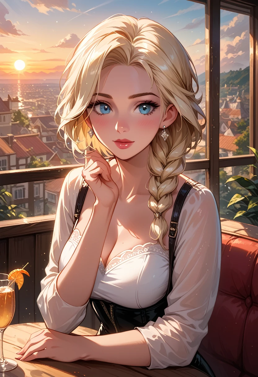 score_9, score_8_up, score_7_up, score_6_up, cinematic film still, 1girl, mature elsa (blonde hair, braid:1.1), tight_black_leather_pants, white_blouse, in a beautiful restaurant, on the balcony, (cinematic lighting:1.2),, (sunset:1.2), shallow depth of field, vignette, highly detailed, high budget, bokeh, cinemascope, moody, epic, gorgeous, film grain, grainy, CONCEPT_PovDating_ownwaifu, pov dating, pov across table, looking at viewer, upper body, sitting.