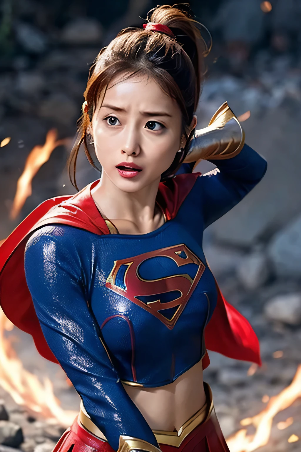 
supergirl, Supergirl symbol on chest, Cape, Struggling, Anxious expression, Surrounded by enemies, pinch, I can see your pants, ponytail, battle, Fighting Pose, Attractive thighs, Serious expression, Sweat, battle用グローブ, Red Boots, outnumbered