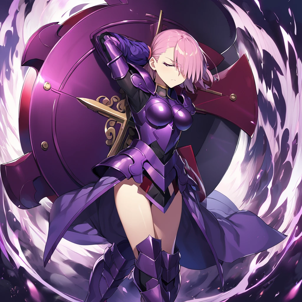 1girl(fate grand order, mash, hiding one eye to hair, pink short hair, deep purple armor, sleeves, long boots), shield(big cross decoration, deep purple)