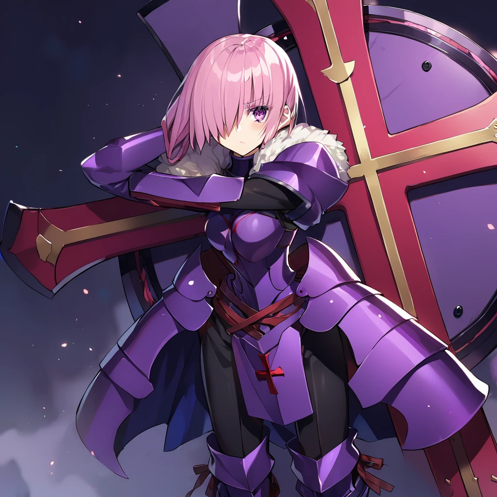 1girl(fate grand order, mash, hiding one eye to hair, pink short hair, deep purple armor, sleeves, long boots), shield(big cross decoration, deep purple)