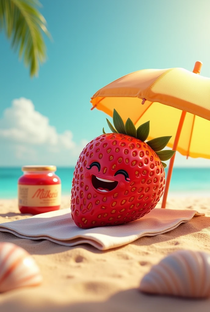 Strawberry with a face lying on a towel sunbathing on the beach with a jar of jam next to it, with some shells in the sand an umbrella drinking a Milkeis and with an umbrella