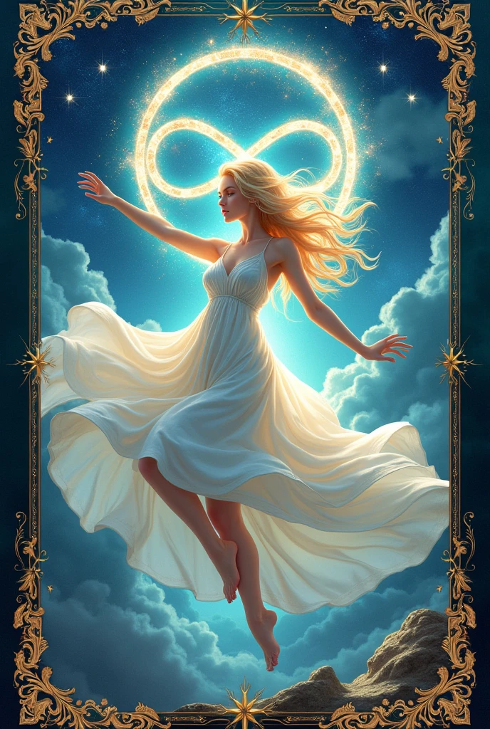 (masterpiece:1.2), best quality, 8k, highres, ultra-detailed, a card, intricate detailed tarot card illustration, tarot card, tarot card the word, (card header "XXI"), (card footer "The World"), blond hair goddess in white dress dancing in middle blue sky, the goddess floating in the sky, ((infinity symbol behind goddess)), cinematic lighting, dramatic shadows, vivid colors, rich color palette, surreal tarot card, mystical landscape, shimmering details, ornate patterns, glowing energy, radiant light