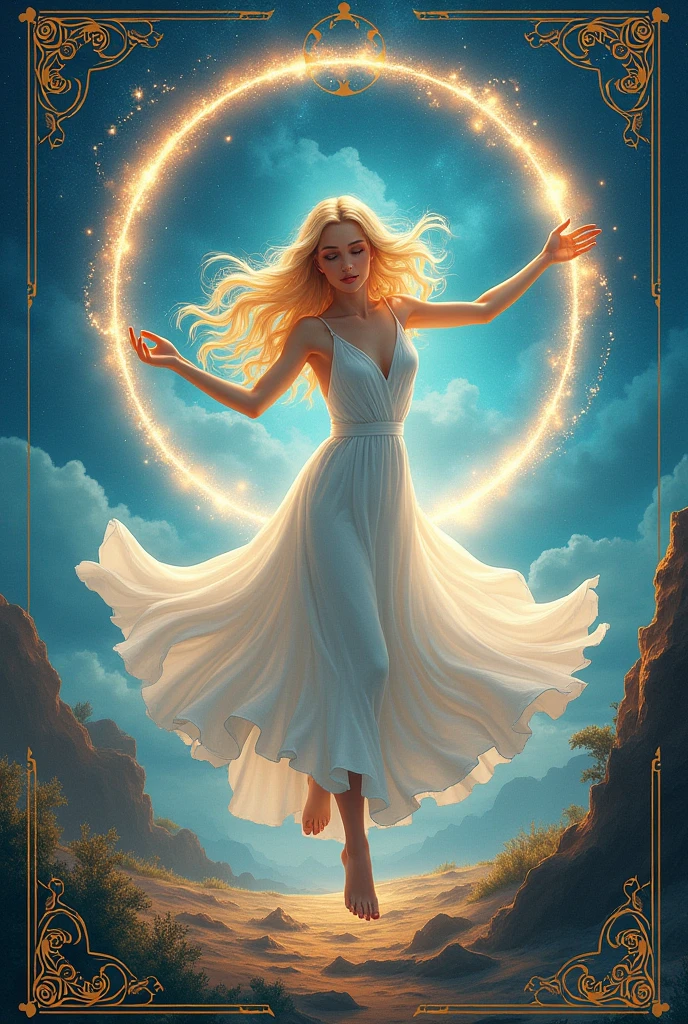 (masterpiece:1.2), best quality, 8k, highres, ultra-detailed, a card, intricate detailed tarot card illustration, tarot card, tarot card the word, (card header "XXI"), (card footer "The World"), blond hair goddess in white dress dancing in middle blue sky, the goddess floating in the sky, ((infinity symbol behind goddess)), cinematic lighting, dramatic shadows, vivid colors, rich color palette, surreal tarot card, mystical landscape, shimmering details, ornate patterns, glowing energy, radiant light