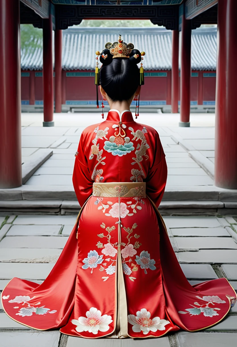 Full body view of Empress of Qing Dynasty from behind, hairy pussy wearing red Chinese dress floral embroidery only large buttocks are seen.
Nudity. The face of a Qing Dynasty woman on all fours in a Chinese drama shows
Her hair is parted from the center of her forehead to the left and right with a large crown of the empress of the capital city of China, tied up in the back, and her hair is tied up with ornamental hair, and the outer stone tatami of the Chinese palace of the Qing Dynasty.