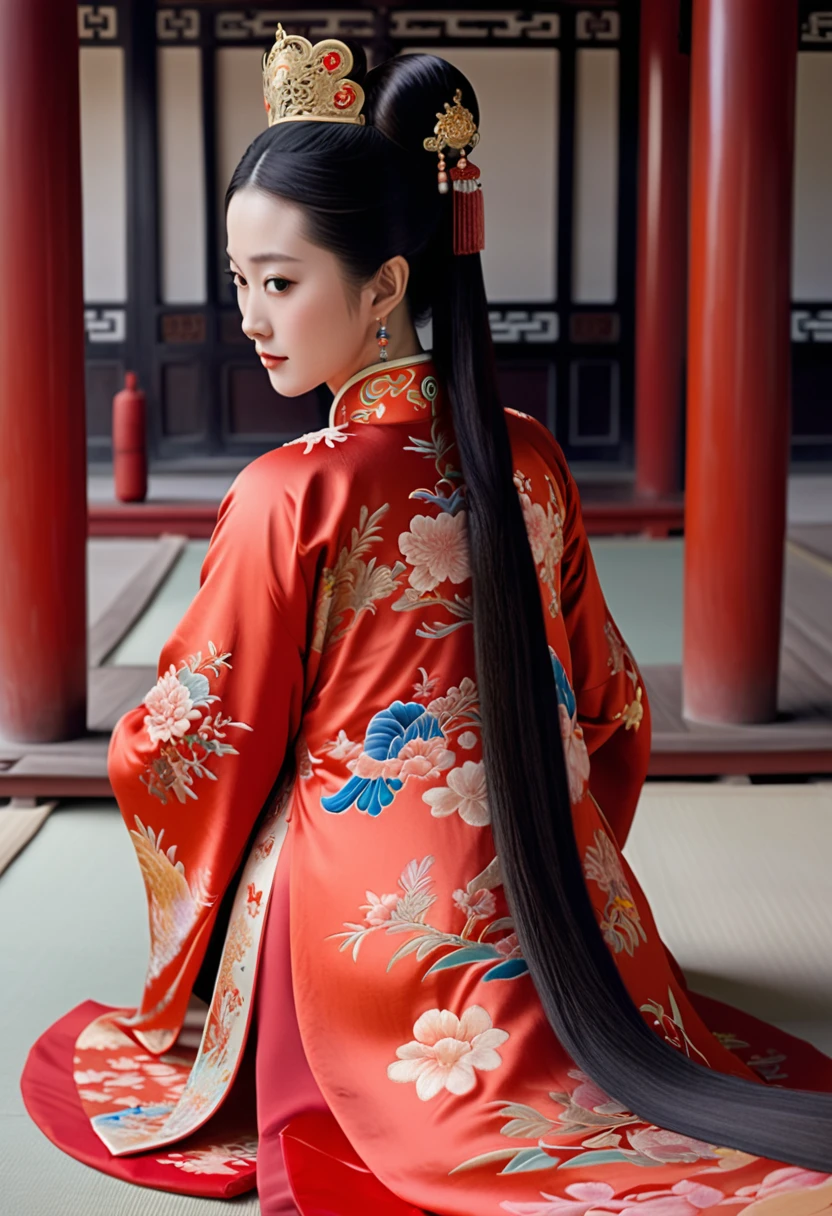 Full body view of Empress of Qing Dynasty from behind, hairy pussy wearing red Chinese dress floral embroidery only large buttocks are seen.
Nudity. The face of a Qing Dynasty woman on all fours in a Chinese drama shows
Her hair is parted from the center of her forehead to the left and right with a large crown of the empress of the capital city of China, tied up in the back, and her hair is tied up with ornamental hair, and the outer stone tatami of the Chinese palace of the Qing Dynasty.