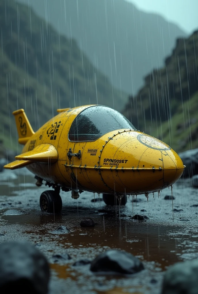 A small yellow spaceship landed on a planet,The small spaceship gets soaked in the downpour,It's dark all around,The surface of the spacecraft is riveted,There is writing on it,Landing gear,