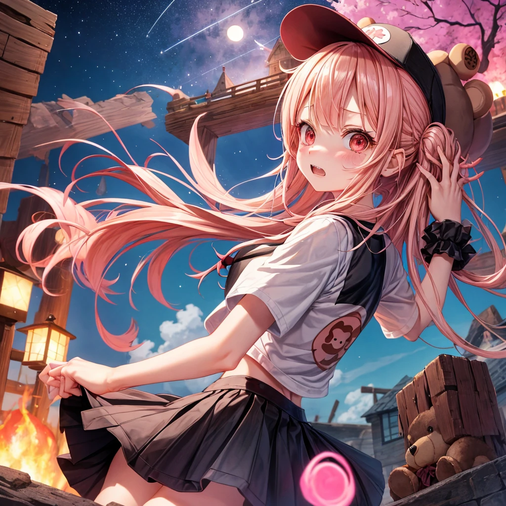 Pink Blonde、Red eyes、Hair tied up、One cute girl、solo、And soul、Checked mini skirt、black t-shirts、one piece、bear ears baseball cap、large tree、Thundercloud、Burning Full Moon、desert、Iron ore piles up、Teeth are visible、Fortress City、Tilting face、Starry Sky、firework、A teddy bear is jumping