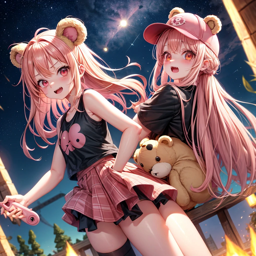 Pink Blonde、Red eyes、Hair tied up、One cute girl、solo、And soul、Checked mini skirt、black t-shirts、one piece、bear ears baseball cap、large tree、Thundercloud、Burning Full Moon、desert、Iron ore piles up、Teeth are visible、Fortress City、Tilting face、Starry Sky、firework、A teddy bear is jumping
