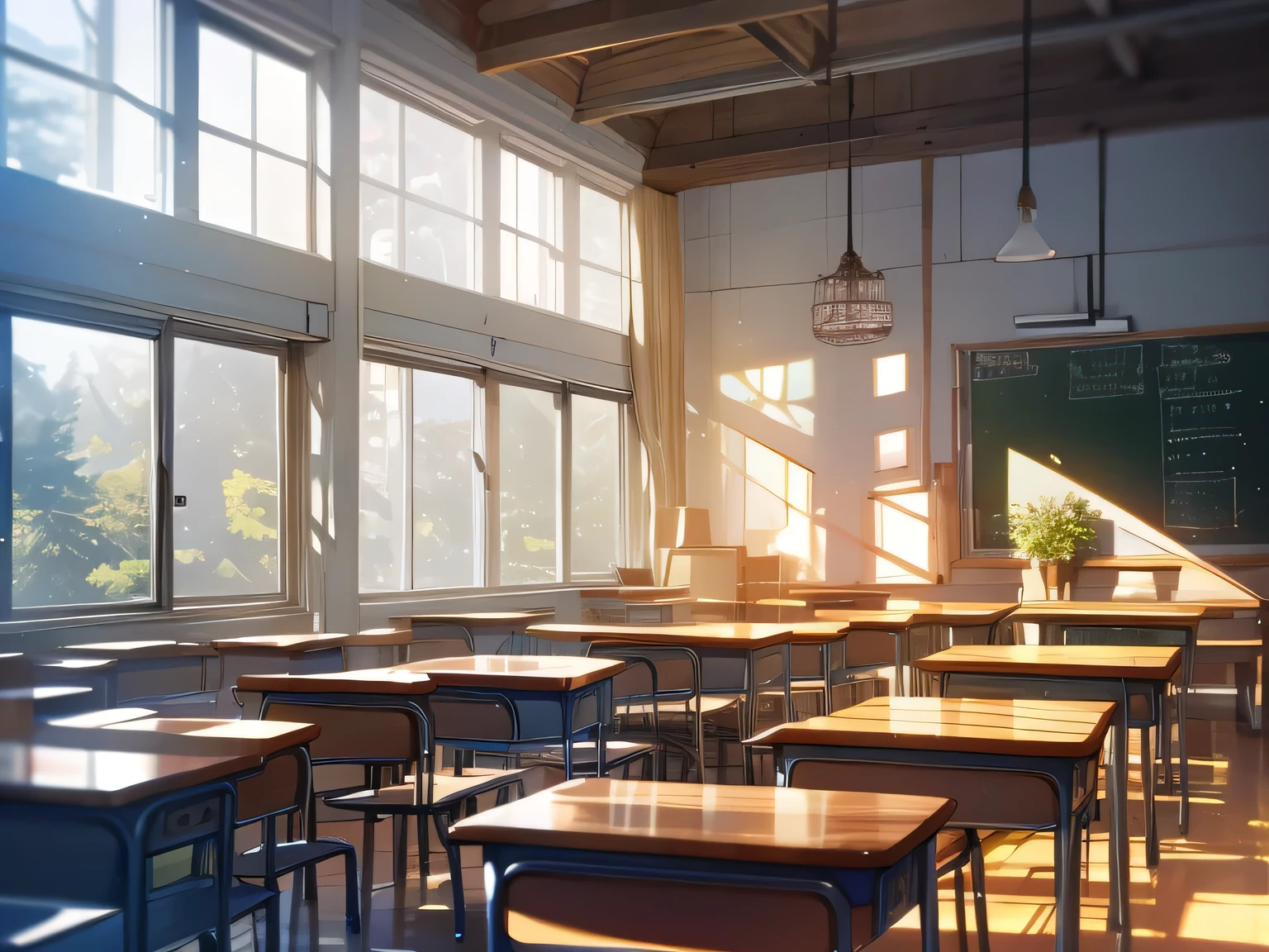 Classroom under lights. Immersive light depiction creates soft atmosphere in school classrooms., natural lightting, Highlight the intricate details of the space. The scene is meticulously rendered in high resolution, Showcase various aspects of the classroom, From the texture of the wooden table to the reflection on the window. Wide angle view captures the width of the room, Rows of neatly arranged tables, The blackboard is full of equations, Sunlight shines through the open window.