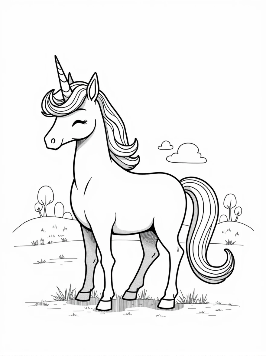 b&w lineart unicorn style happy, minimalist style, park background, full body, picture, coloring book style on white background, well composed, clean coloring book page, No dither, no gradient, strong outline, No fill, No solids, vector illustration