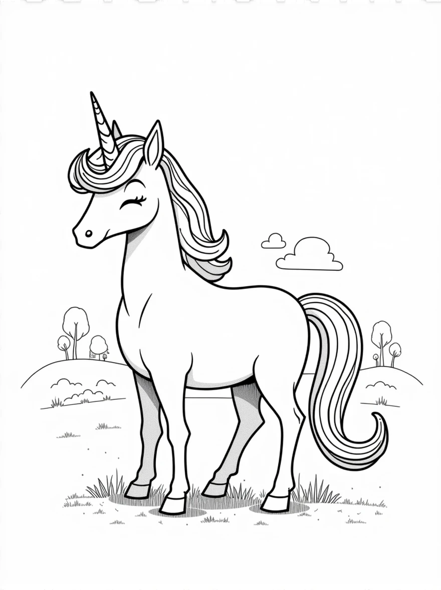 b&w lineart unicorn style happy, minimalist style, park background, full body, picture, coloring book style on white background, well composed, clean coloring book page, No dither, no gradient, strong outline, No fill, No solids, vector illustration