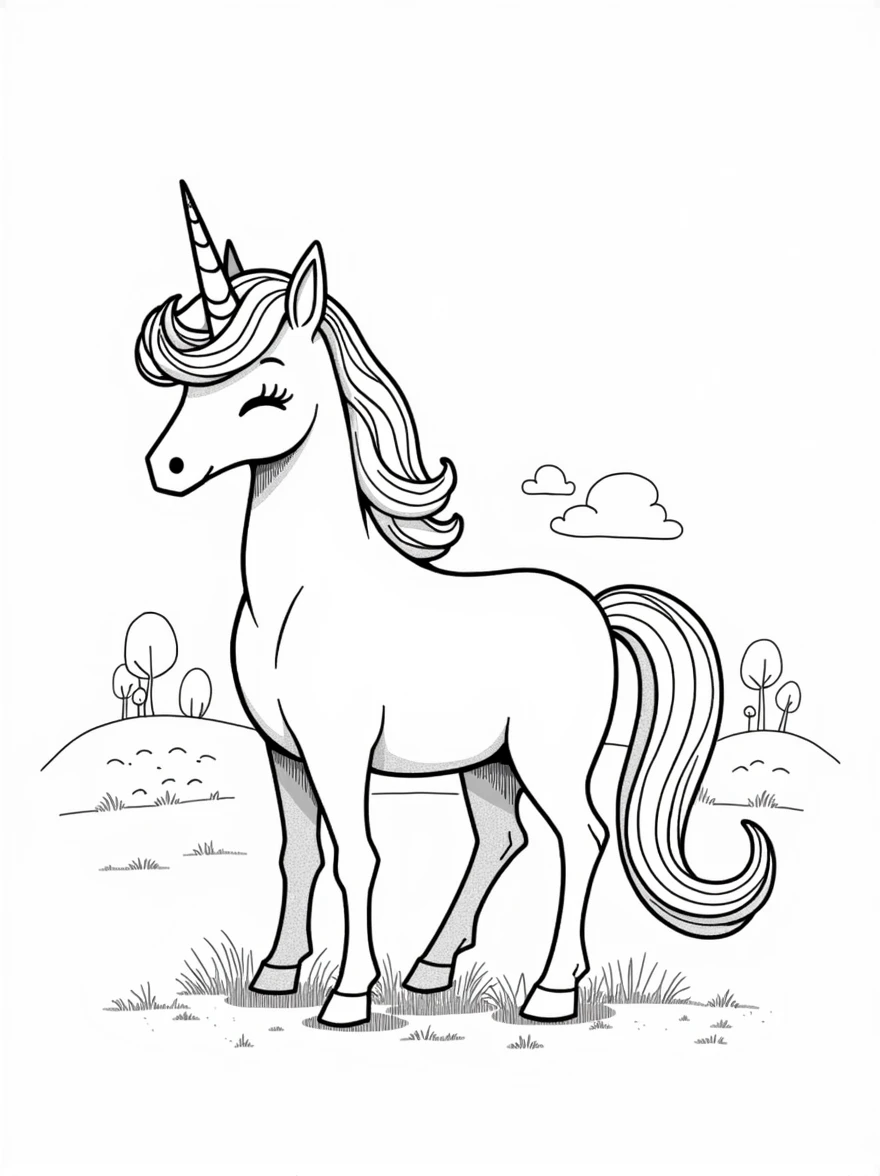 b&w lineart unicorn style happy, minimalist style, park background, full body, picture, coloring book style on white background, well composed, clean coloring book page, No dither, no gradient, strong outline, No fill, No solids, vector illustration