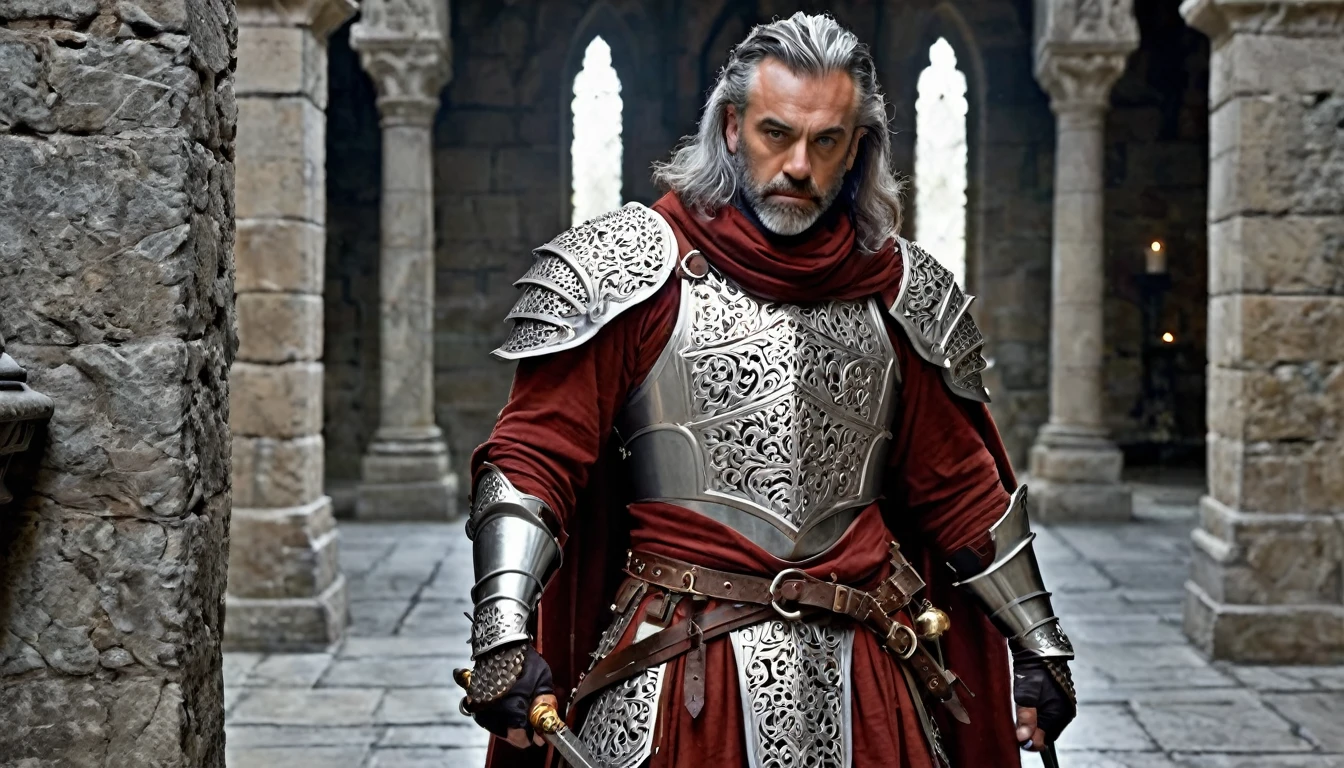 ((masterpiece, The silver armor is intricately decorated and not intended for combat.,Gorgeous filigree armor, Detailed fantasy armor)), Inside a stone building, Stone slabs scattered on the floor, A muscular man in armor walking towards the front, dim, Gray Hair, Candles along the walls light up the room., He holds a large, twisted, dark red rapier in his hand., Wearing a dirty cloak, He wears a dirty dark red loincloth under his armor.,There are three small orange gems on the chest., He wears a large, decorated white shoulder pad.、Has dark orange fur under the shoulder pads