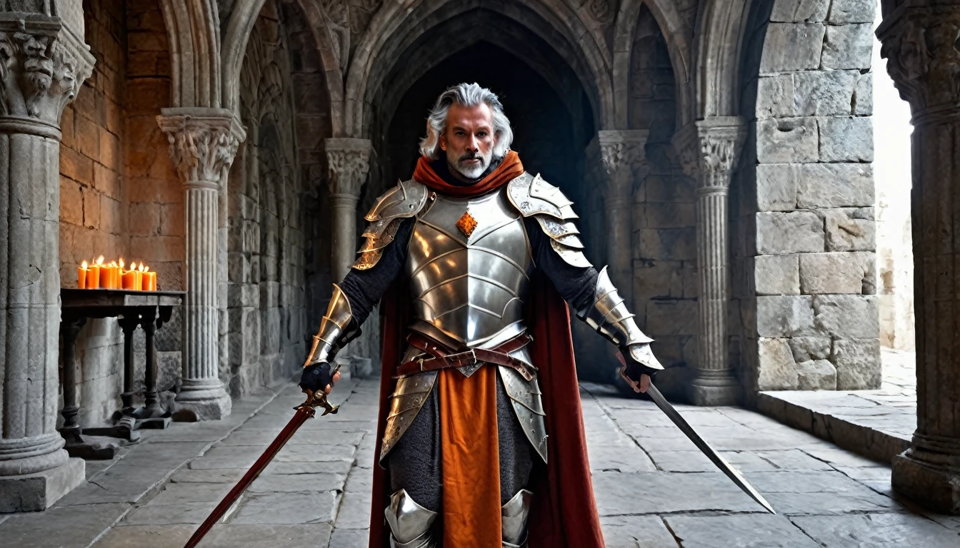 ((masterpiece, The silver armor is intricately decorated and not intended for combat.,Gorgeous filigree armor, Detailed fantasy armor)), Inside a stone building, Stone slabs scattered on the floor, A muscular man in armor walking towards the front, dim, Gray Hair, Candles along the walls light up the room., He holds a large, twisted, dark red rapier in his hand., Wearing a dirty cloak, He wears a dirty dark red loincloth under his armor.,There are three small orange gems on the chest., He wears a large, decorated white shoulder pad.、Has dark orange fur under the shoulder pads