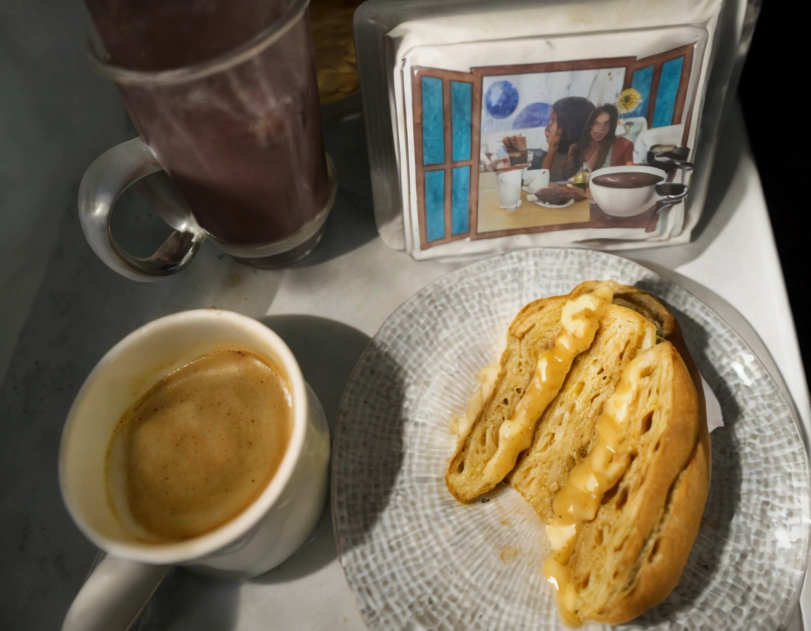 there is a plate of food and a cup of coffee on a table, praise, breakfast, in the late morning, breakfast em las pozas, praise feel, ((supersaturated)), ☕ on desk, In the morning, panini, mmmmm, morning time, inspired by Gina Pellón, Golden Hour of Morning, cafeteria coffee, Bright morning