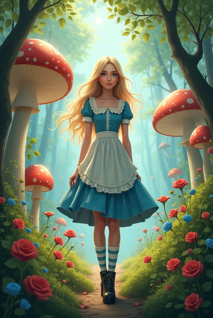 A movie poster,  com uma  de cabelos loiros e olhos blue, wearing a blue dress and a white apron, striped socks and black boots, in a forest with giant mushrooms and red flowers, blue, roses and etc..