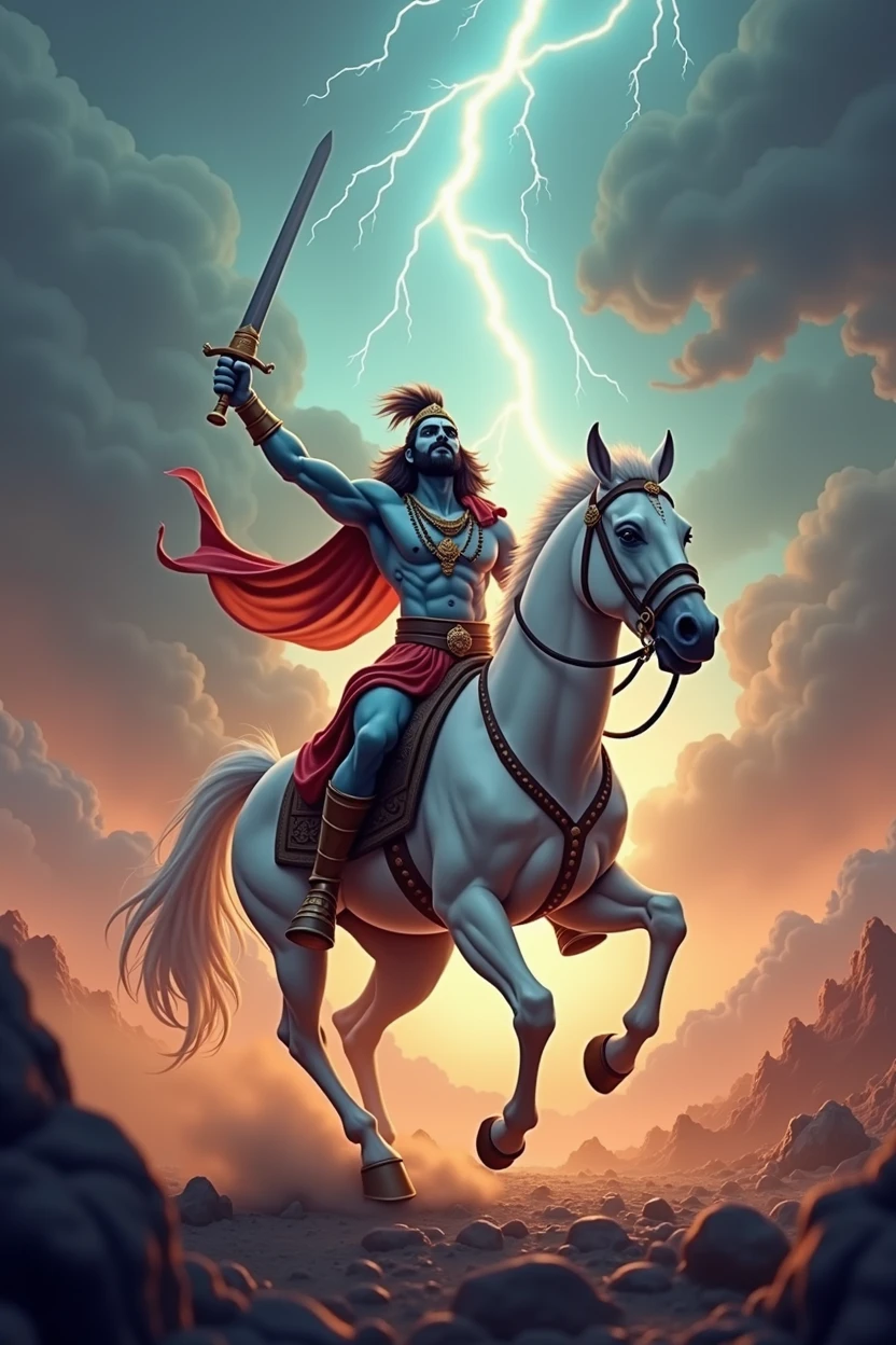 In Cinematic 3D cartoon style"Kalki (Future Warrior) Avatar:Depict Kalki, the future avatar of Vishnu, as a warrior riding a white horse. Show Kalki with a sword raised high, ready to vanquish the forces of darkness. The background should be apocalyptic, with dark clouds, flashes of lightning, and a landscape in turmoil, symbolizing the end of the current age and the beginning of a new one."