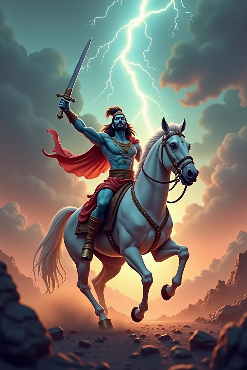 In Cinematic 3D cartoon style"Kalki (Future Warrior) Avatar:Depict Kalki, the future avatar of Vishnu, as a warrior riding a white horse. Show Kalki with a sword raised high, ready to vanquish the forces of darkness. The background should be apocalyptic, with dark clouds, flashes of lightning, and a landscape in turmoil, symbolizing the end of the current age and the beginning of a new one."
