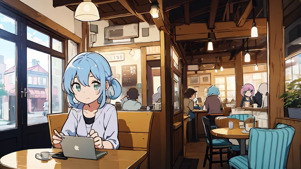 masterpiece, Highest quality, A girl with pastel-colored hair, sitting in a cozy café, with a laptop and coffee, lost in her music. lofi hip hop,