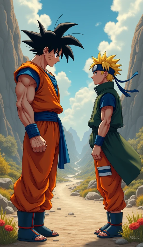 a highly detailed, photorealistic, hyper realistic, cinematic, Son Goku from Dragon Ball and Naruto Uzumaki from Naruto in a dramatic crossover scene, masterful lighting, cinematic depth of field, vibrant colors, professional, award-winning quality