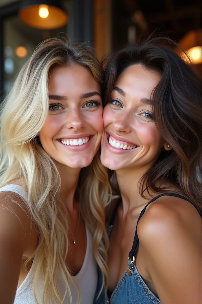 Blonde woman with brunette woman selfie.