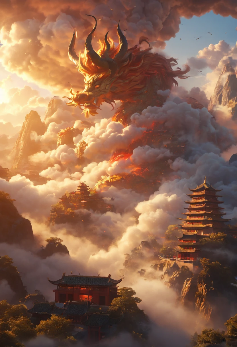 Dans un monde imaginaire, l'architecture traditionnelle chinoise, un bouc de feu, des nuages, le soleil, le ciel, des montagnes, la foudre (qualité élevée, 4k, résolution haute, chef-d'œuvre : 1.2), extrêmement détaillé, (réalisme : 1.37), couleurs vives, effets de brouillard, lumières vibrantes.
