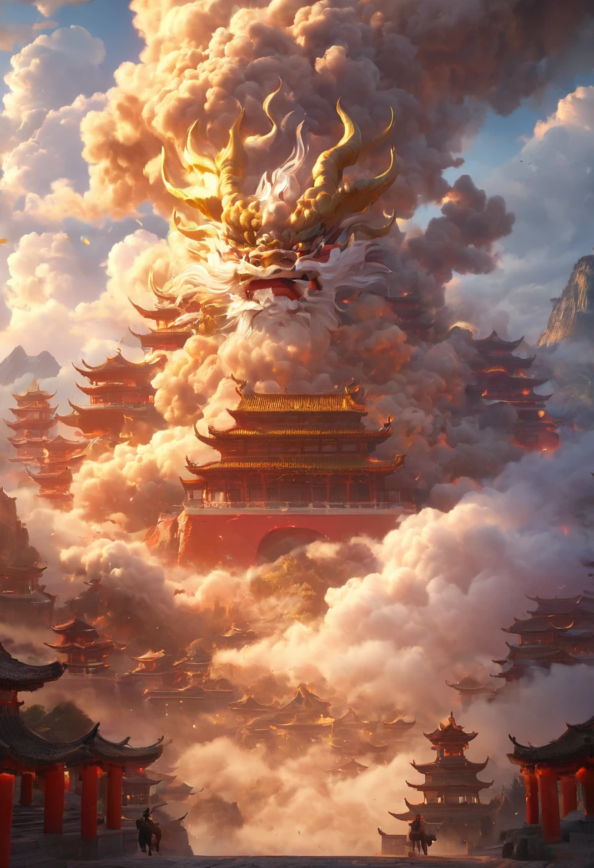 Dans un monde imaginaire, l'architecture traditionnelle chinoise, un bouc de feu, des nuages, le soleil, le ciel, des montagnes, la foudre (qualité élevée, 4k, résolution haute, chef-d'œuvre : 1.2), extrêmement détaillé, (réalisme : 1.37), couleurs vives, effets de brouillard, lumières vibrantes.