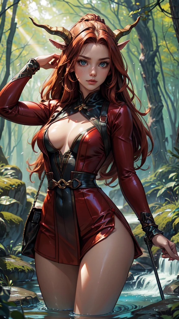 red hair,A faun female in the forest, satyr, woman, fantasy(masterpiece, best quality, photorealistic, detailed shiny skin:1.2), flawless, 8k, RAW, highres, (dark night:1.1), goat legs, furr legs, hooved, goat horns, beard, long black hair, looking at viewer, cinematic, dark background, medieval, muscles, open ches5, fantasy, (absurdes), attractive, long blonde hair, golden eyes, sexy,big , cherry blossom,waterfall, forest, sun rays