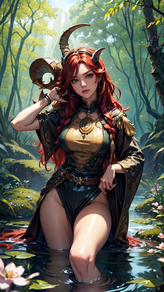 red hair,A faun female in the forest, satyr, woman, fantasy(masterpiece, best quality, photorealistic, detailed shiny skin:1.2), flawless, 8k, RAW, highres, (dark night:1.1), goat legs, furr legs, hooved, goat horns, beard, long black hair, looking at viewer, cinematic, dark background, medieval, muscles, open ches5, fantasy, (absurdes), attractive, long blonde hair, golden eyes, sexy,big , cherry blossom,waterfall, forest, sun rays