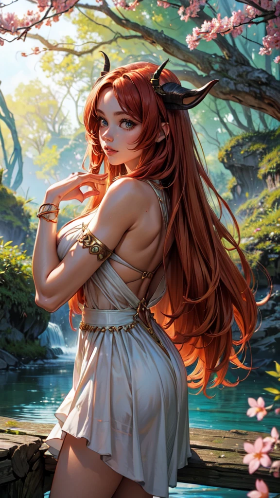 red hair,A faun female in the forest, satyr, woman, fantasy(masterpiece, best quality, photorealistic, detailed shiny skin:1.2), flawless, 8k, RAW, highres, (dark night:1.1), goat legs, furr legs, hooved, goat horns, beard, long black hair, looking at viewer, cinematic, dark background, medieval, muscles, open ches5, fantasy, (absurdes), attractive, long blonde hair, golden eyes, sexy,big , cherry blossom,waterfall, forest, sun rays
