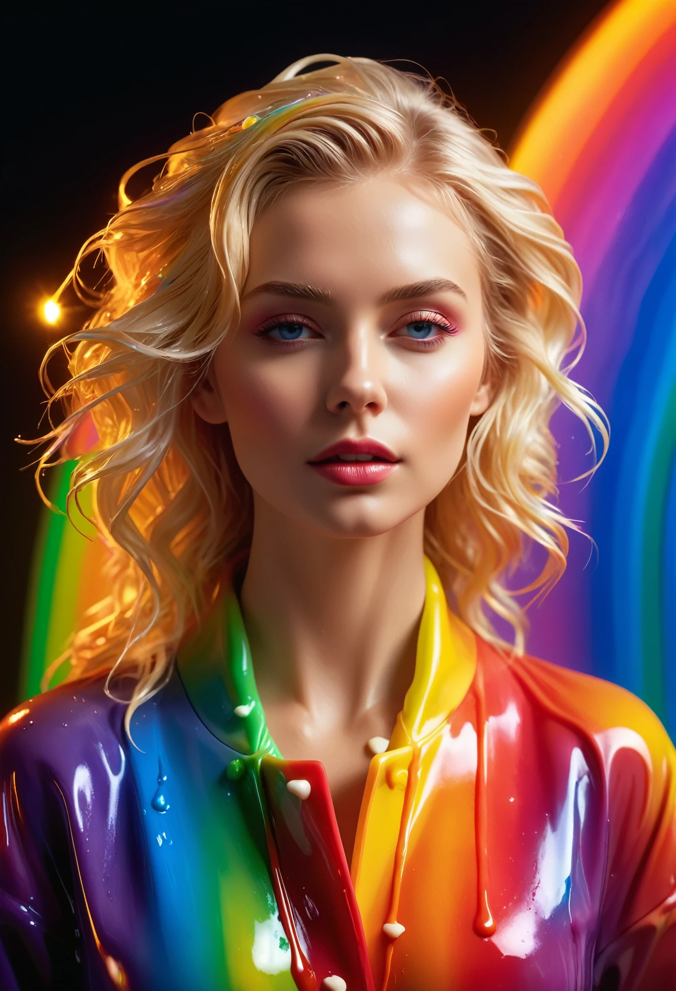 beautiful blonde, The wax coat melts and drips on the body (masterpiece: 1.2), (best quality), 4k, Extremely detailed, (dynamic composition: 1.4), Very detailed, Colorful Detailed, (Rainbow Colors: 1.2), (Bright Lights, Atmospheric lighting), Dreamy, magic, (Solitary: 1.2)  