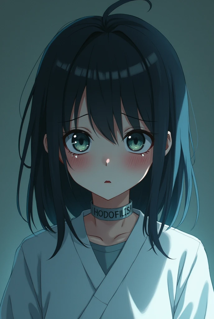 anime kid girl mid hair wearing a long white hospital gown and a metallic collar like and experimental subject her head down without eyes with fear in her eyes with tears flowing down her cheeks remove her eyes only the nose eyebrows and lips is on her face no eyes no eyes no eyes