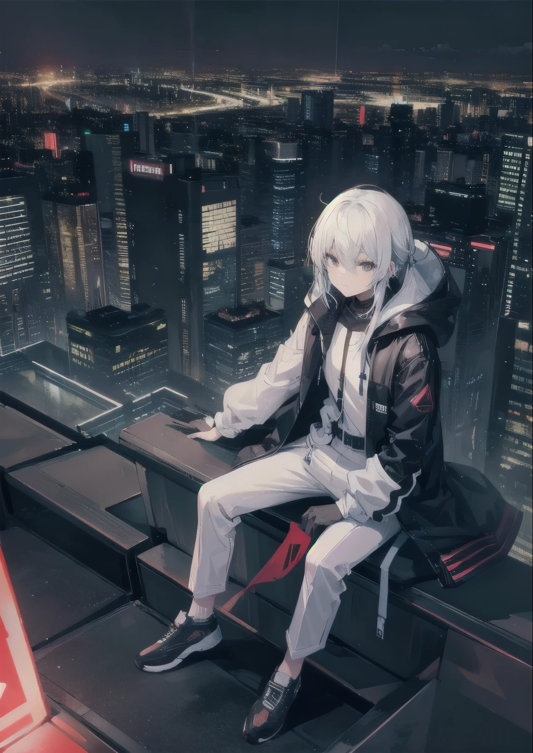 There was a man sitting on the windowsill,Wearing a mask, Tokyo night rooftop, cyberpunk,未来东京night的屋顶上, Standing on top of a skyscraper, Sitting in Tokyo, On the rooftop at Tokyo Cyberpunk Night, The roof of Tokyo, Standing on the roof of a skyscraper, sitting on a skyscraper rooftop,White hooded jacket,Black coat,black trousers,White socks,White shoes,Mystery,night,Night view,rain,prosperous city,of the night city