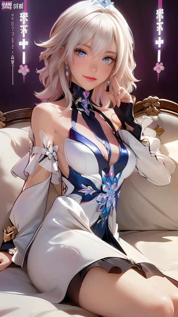 The alone long waist white hair woman as the lone character, gold eyes, hair accessory, serious expression, lie down on the bed, sitting on the bed, inside a private room, girl room, exposed chest, exposed leg, exposed , high resolution, private sci-fi room , Hyper detail mature face, march_7th, (march_7th_festival_outfit:1.4), 5 finger, Sexy pose, a allure sexy expression on her face。The text is bold and eye-catching,With catchy slogans,Adds to the overall drama and excitement。The color palette is dominated by dark colors,Dotted with bright colors,Make the poster dynamic and visually striking,(Magazines:1.3), (Cover-style:1.3), Fashion, vibrant, Outfit, posing on a, Front, rich colorful,Background with,element in,self-assured,Expressing the,halter,statement,Attachment,A majestic,coil,Runt,Touching pubic area,Scenes,text,Cover of a,boldness,attention-grabbing,titles,Fashion,typeface,,Best quality at best,Hyper-detailing,8K ,hyper HD
