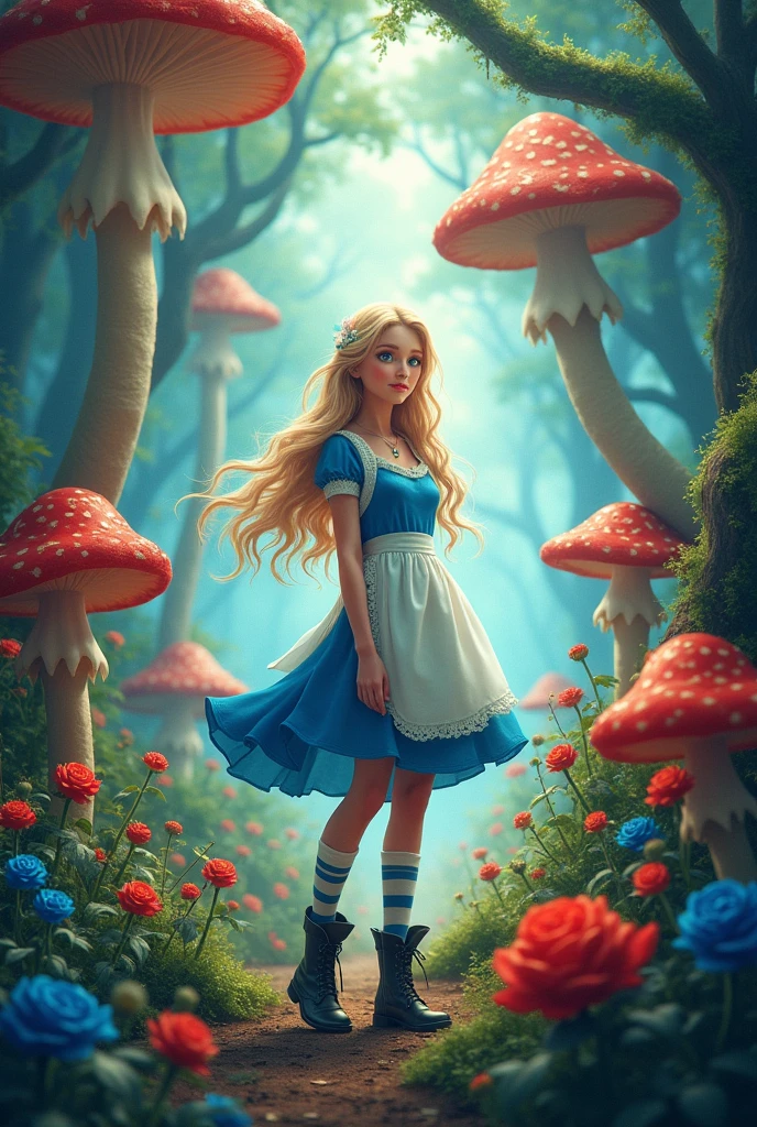 A movie poster, com uma de cabelos loiros e olhos blue, wearing a blue dress and a white apron, striped socks and black boots, in a forest with giant mushrooms and red flowers, blue, roses and etc..