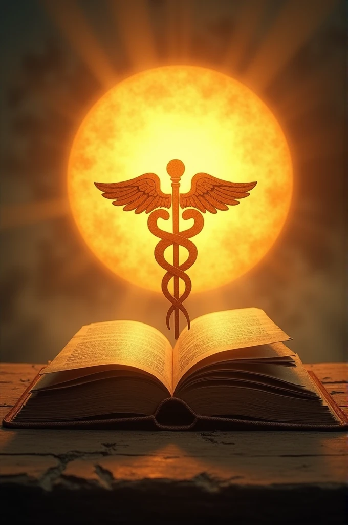 Medical symbol opening from book with sun in the background :gold colour
Tag line Aadvidya