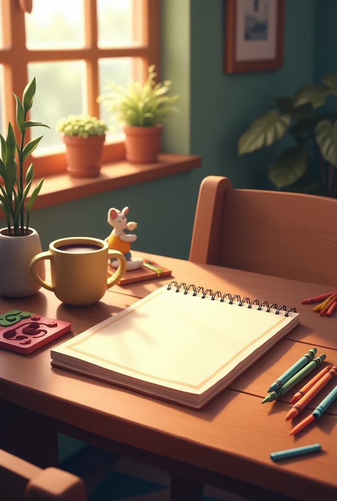 A table, middle of the table have a drawing book and the side of the book crayons and sketch pens and a mug
