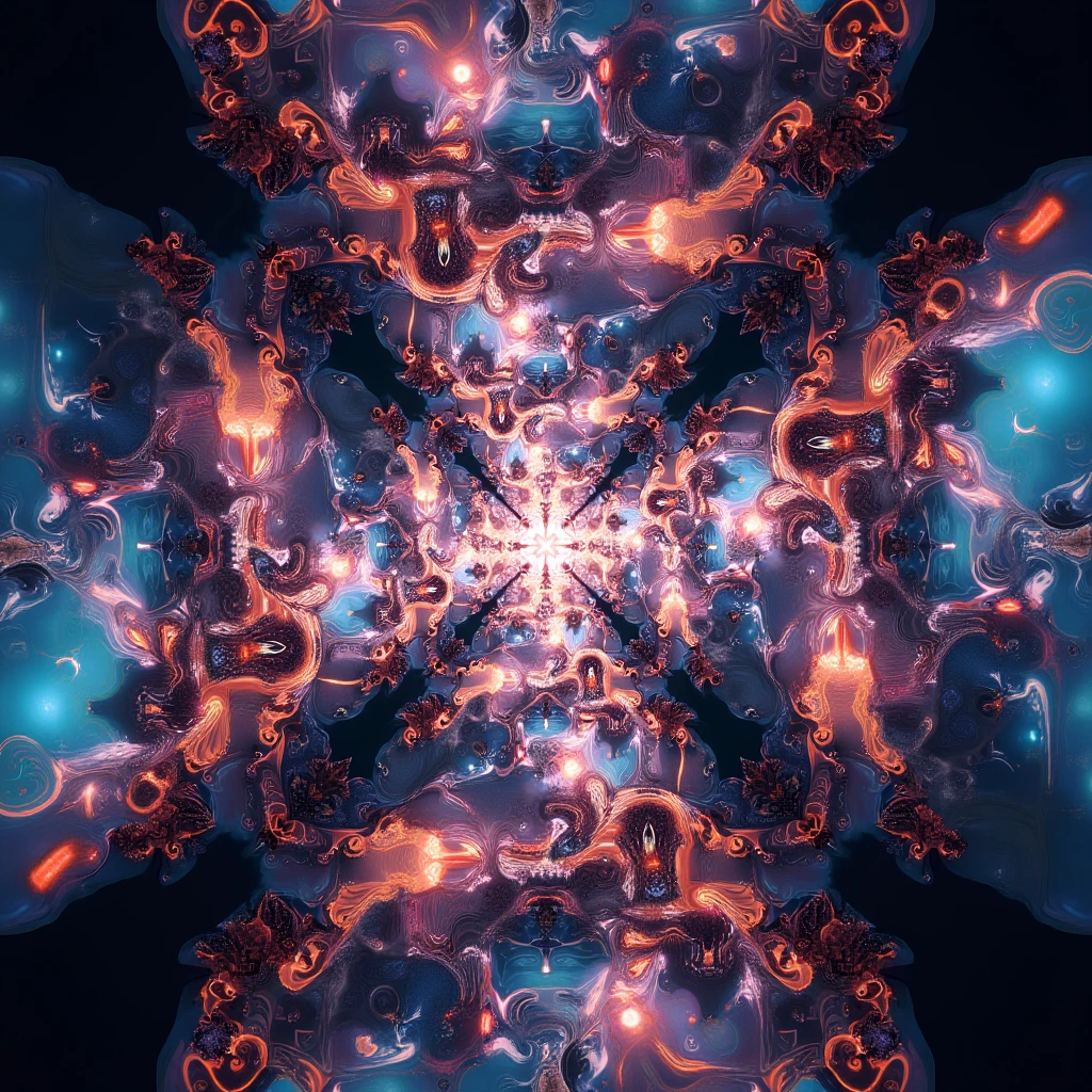 a digital abstract artwork, intricate abstract patterns, fractal structures, procedurally generated, kaleidoscopic, dynamic symmetry, fluid organic shapes, vibrant colors, psychedelic, mesmerizing, hypnotic, 4k, 8k, masterpiece, highly detailed, cinematic lighting, volumetric lighting, photorealistic, seamless looping