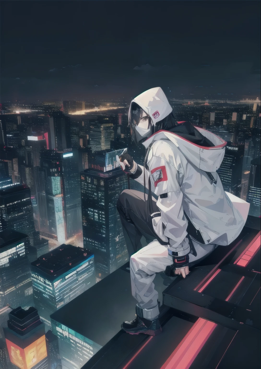 There was a man sitting on the windowsill，Wearing a mask, Tokyo night rooftop, cyberpunk，On the rooftops of Tokyo at night, Standing on top of a skyscraper, Sitting in Tokyo, On the rooftop at Tokyo Cyberpunk Night, The roof of Tokyo, Standing on the roof of a skyscraper, sitting on a skyscraper rooftop，White hooded jacket，Black coat，black trousers，White socks，White shoes，Mystery