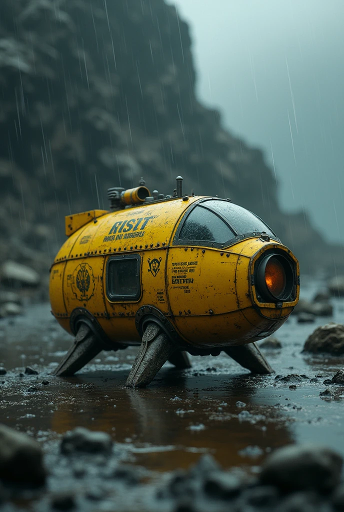 A small yellow spaceship landed on a planet,Small box-shaped spaceship,The small spaceship gets soaked in the downpour,It's dark all around,The surface of the spacecraft is riveted,There is writing on it,Landing gear,
