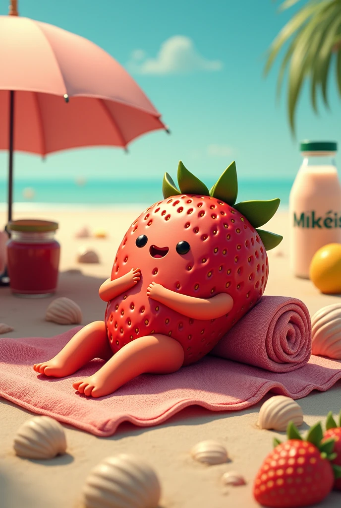 Strawberry with a face lying on a towel sunbathing on the beach with a jar of jam next to it, with some shells in the sand an umbrella drinking a Milkeis and with an umbrella and with various fruits 