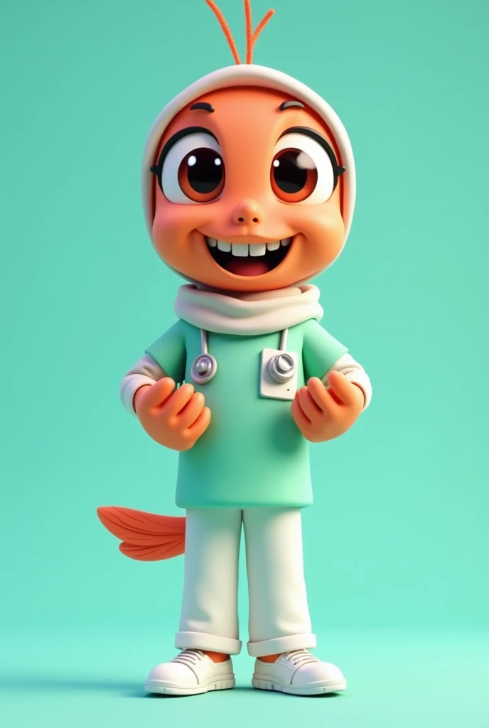 Create an 4D realistic animated character named [Suster], designed to be the iconic mascot for Clinic health of Sidoarjo, in the style of cartoon pixar movie animation. [Suster] is a 20 yo charming cute shrimp with a unique twist —he has human-like arms and legs. Her large, round brown eyes are full of energy and friendliness, inviting everyone to engage with her. Suster wears  full hijab and the realistic shrimp antenne seem out from hijab, and a light green muslim doctor with the name " PKM--URANGAGUNG" proudly displayed across the chest, His feet are clad in bright white canvas sandals, adding a playful and youthful vibe to his appearance.  The overall design should exude warmth, approachability, and a sense of pride in representing the vibrant city of Sidoarjo. A cheerful cartoon Suster character with pose  stands in a dynamic pose, make the character's hands clasped to indicate appreciation and respect for the audience. smile with the upper teeth only slightly visible. while its legs are clad in long white culottes and white sneakers. The background is a soft turquoise, enhancing the lively and playful vibe of the character.