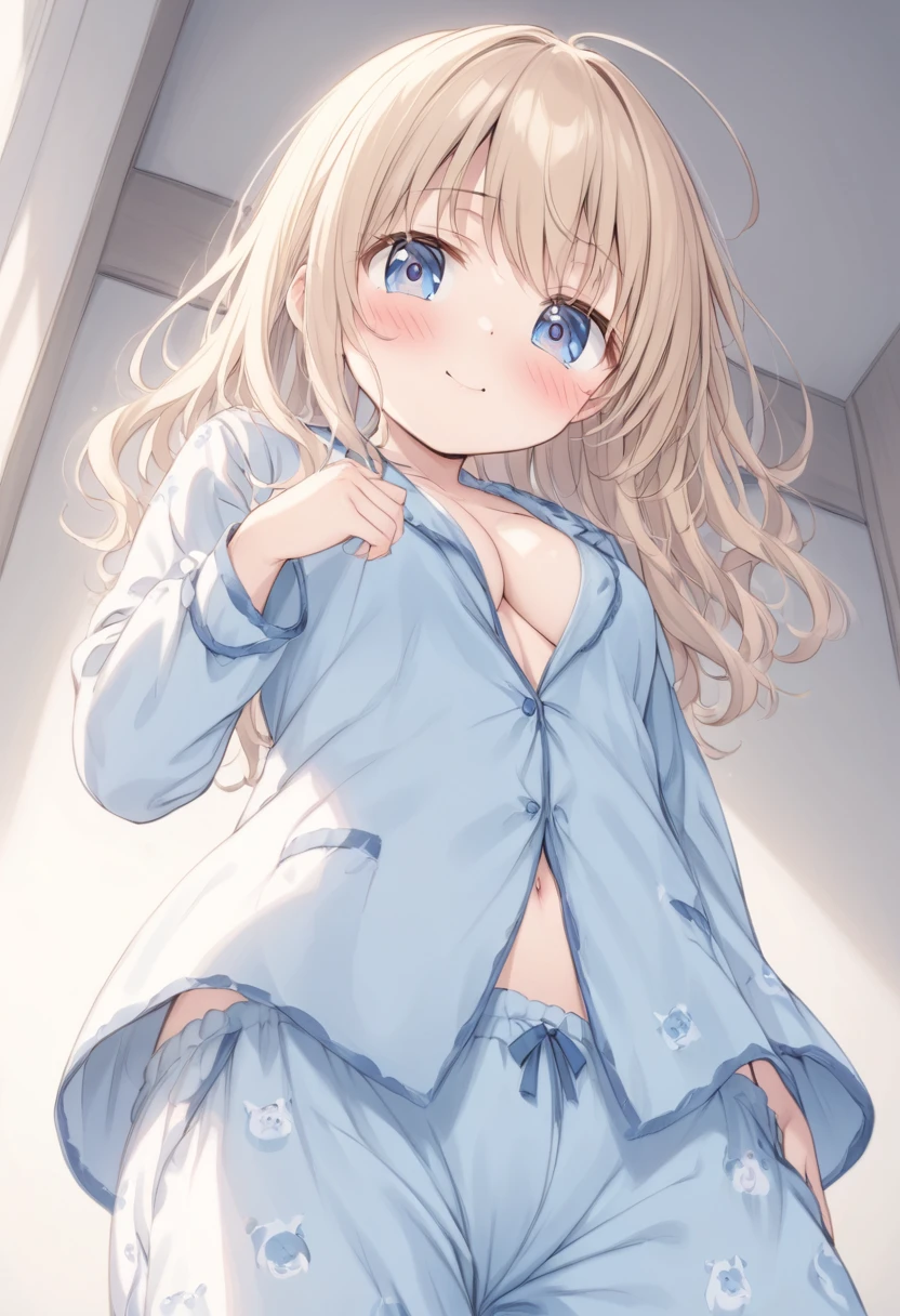 Cute beautiful girl、Big cute eyes、(Face close up)、、(Young and  girl:1.5)、(Small torso)Large Breasts、(From below:1.7)、Wavy Hair、(Humiliation blush:1.4)、pajamas、Cleavage